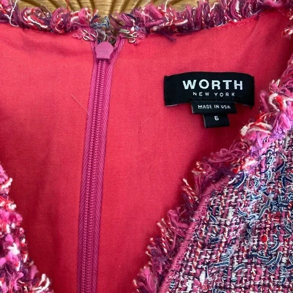 Worth NewYork Multicolored Pink Tweed Fully Lined Sheath Dress w/Fringe (Size 6) - Picture 6 of 11